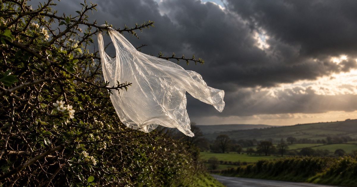 Imagen ilustrativa generada; no documenta el caso. Una bolsa de plástico fina y vacía atrapada en un seto de espino junto a una carretera rural irlandesa, agitada por el viento.
