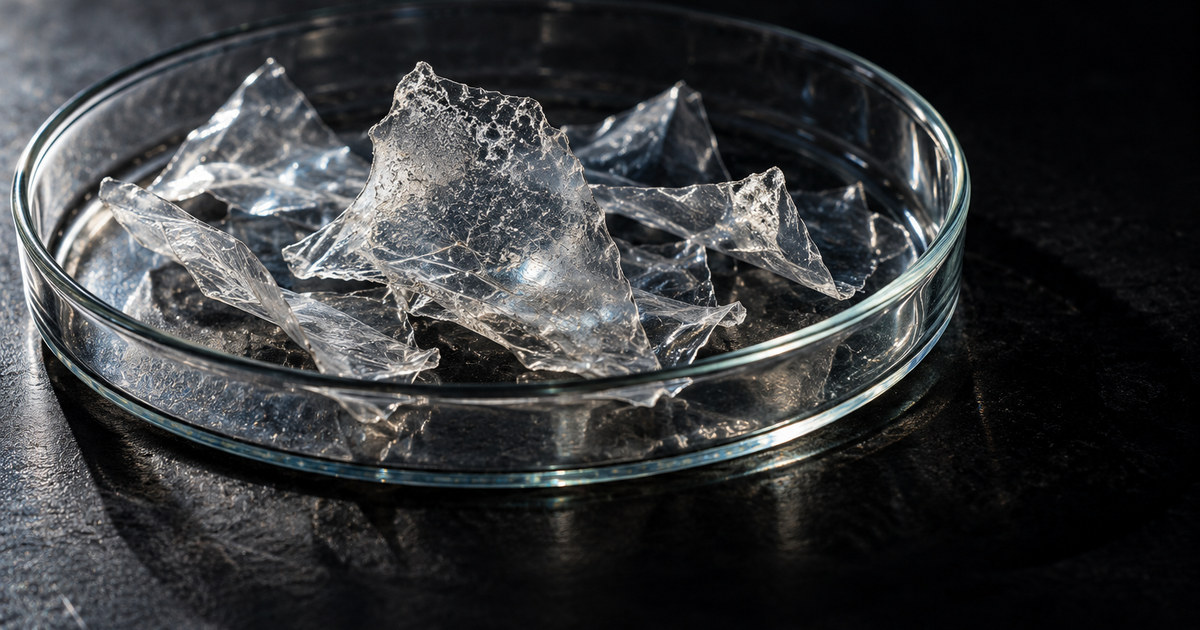 Imagen ilustrativa generada; no documenta el caso. Fragmentos de una botella de PET transparente en una placa de laboratorio, con la textura del plástico corroída en algunos bordes.