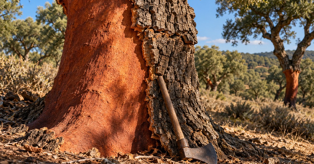 Imagen ilustrativa generada; no documenta el caso. El tronco de un alcornoque recién descorchado, con la madera desnuda de color rojizo junto a la corteza gruesa y agrietada que aún conserva.