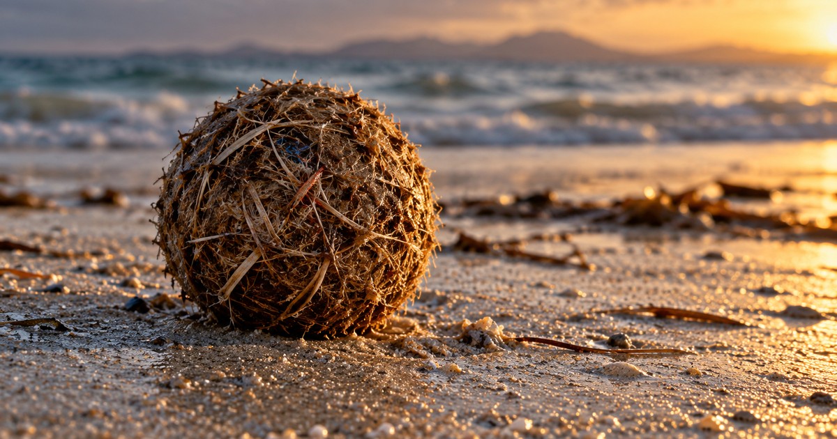Imagen ilustrativa generada; no documenta el caso. Una bola de Posidonia (egagrópila) sobre la arena húmeda de una playa mediterránea en invierno, con fibras de plástico de colores apenas visibles enredadas entre las fibras marrones.