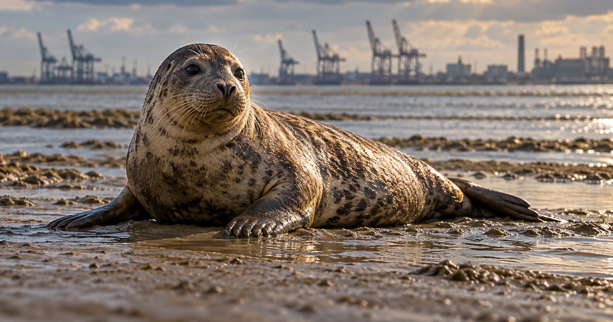 Imagen ilustrativa generada; no documenta el caso. Una foca común descansando sobre un banco de barro en el estuario del Támesis con marea baja, con grúas portuarias y siluetas industriales desenfocadas al fondo.