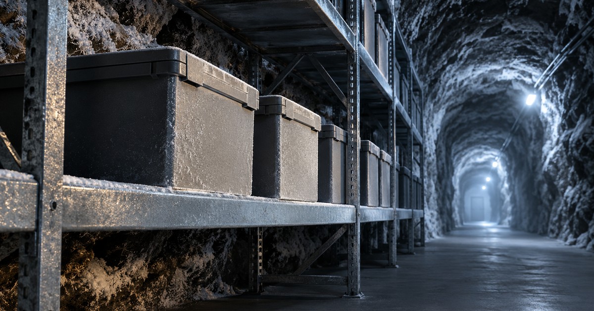 Imagen ilustrativa generada; no documenta el caso. Cajas selladas de semillas en estanterías metálicas dentro de un túnel helado excavado en la roca, con escarcha en las paredes y una luz fría al fondo.