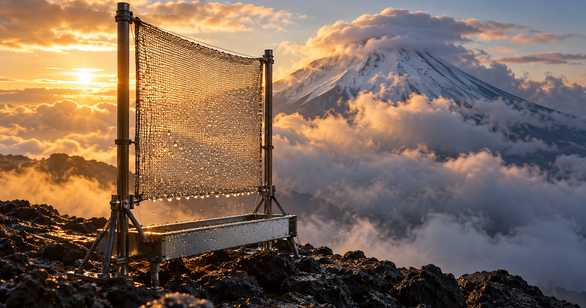 Imagen ilustrativa generada; no documenta el caso. Nubes densas envolviendo la cima nevada de un volcán al amanecer, con un colector de agua de nube de malla metálica en primer plano sobre las rocas.