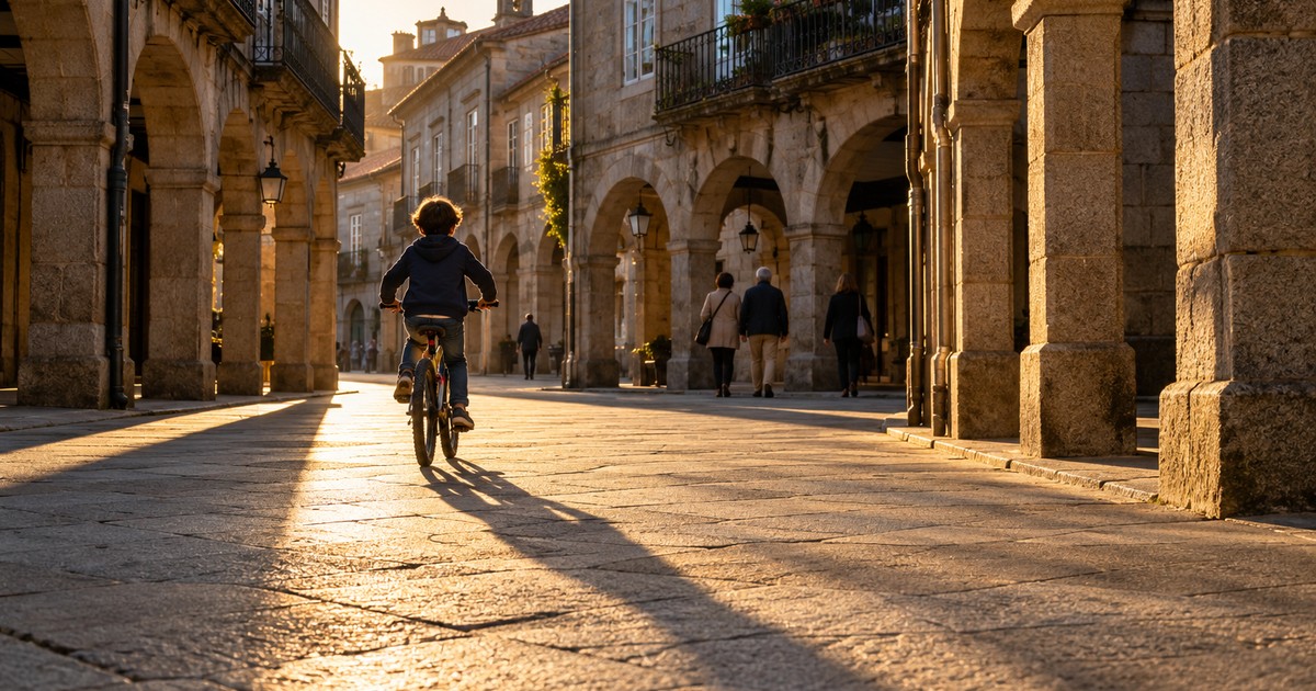 Imagen ilustrativa generada; no documenta el caso. Una calle empedrada de granito en un casco antiguo gallego, sin coches, con soportales de piedra, figuras de personas de espaldas paseando y un niño en bicicleta.
