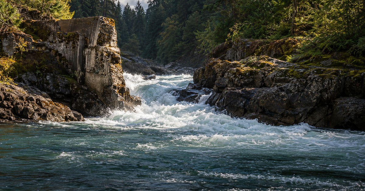 Imagen ilustrativa generada; no documenta el caso. El río Elwha atravesando con fuerza los restos de hormigón de una presa retirada en un cañón estrecho, con bosque oscuro a los lados.